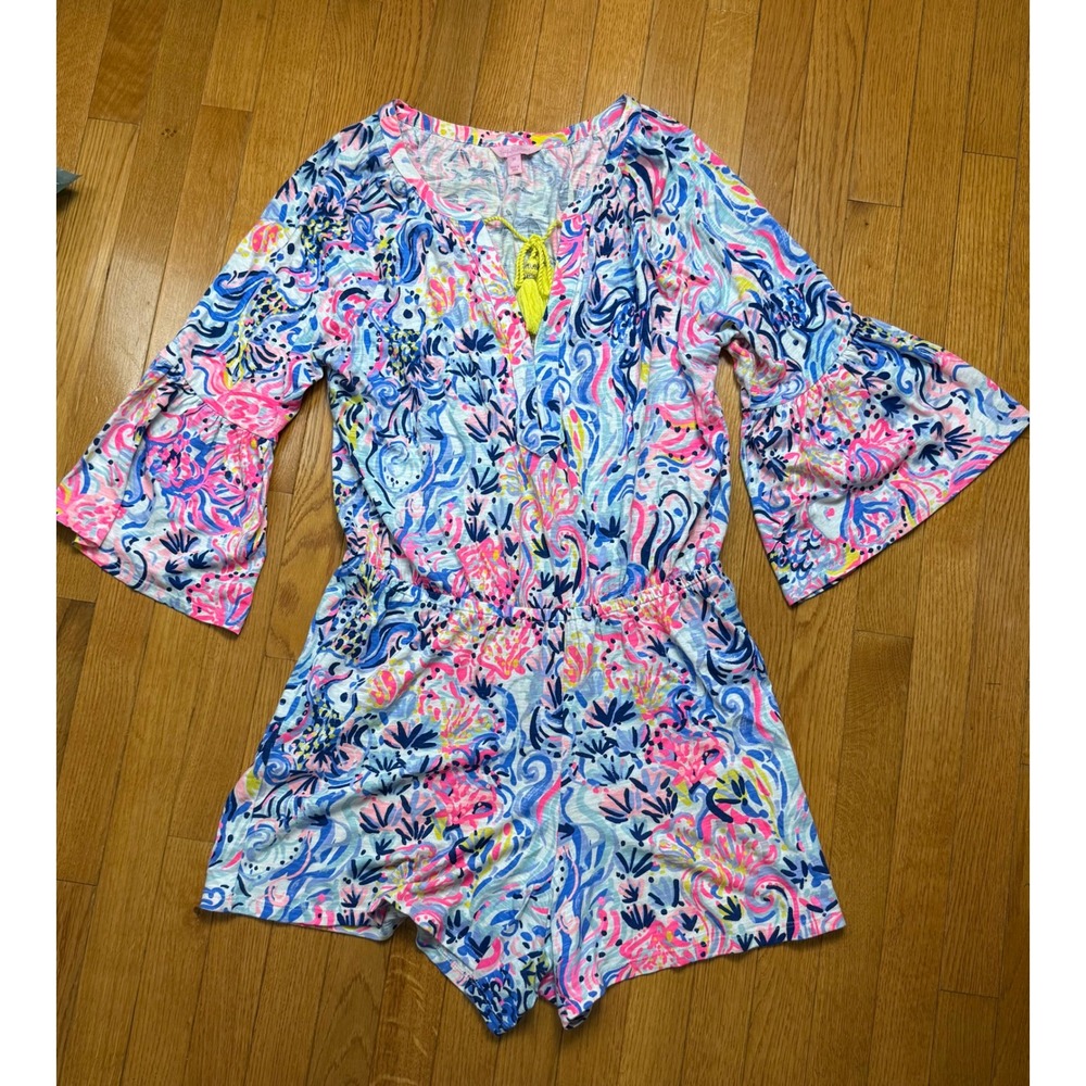 Lilly Pulitzer Pink Blue Floral Tassel Ruffle Romper Womens Small